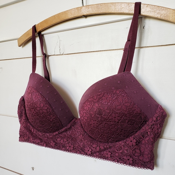 Burgundy Victoria’s Secret Padded Demi Lace Pullover Bra, Size Large lingerie - Picture 2 of 11